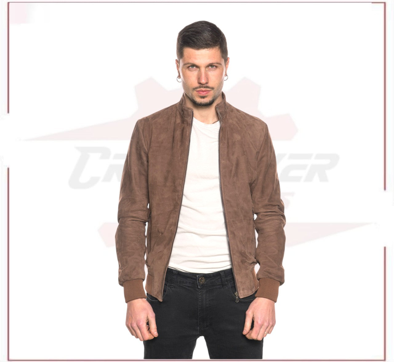 Victor - Men's Bomber Jacket in Genuine Dark Brown Suede Leather CROSSOVER RACEWEARS