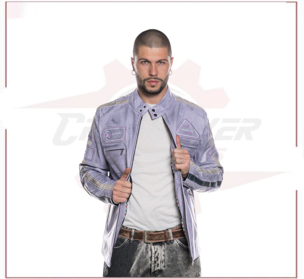 New Biker Man's Jacket in genuine Violet Leather CROSSOVER RACEWEARS