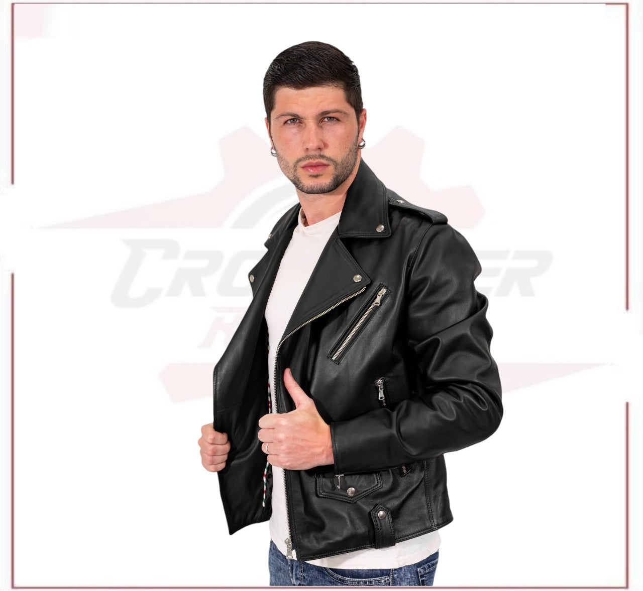 Men's jacket in Genuine Black Leather and Silver Zippers CROSSOVER RACEWEARS