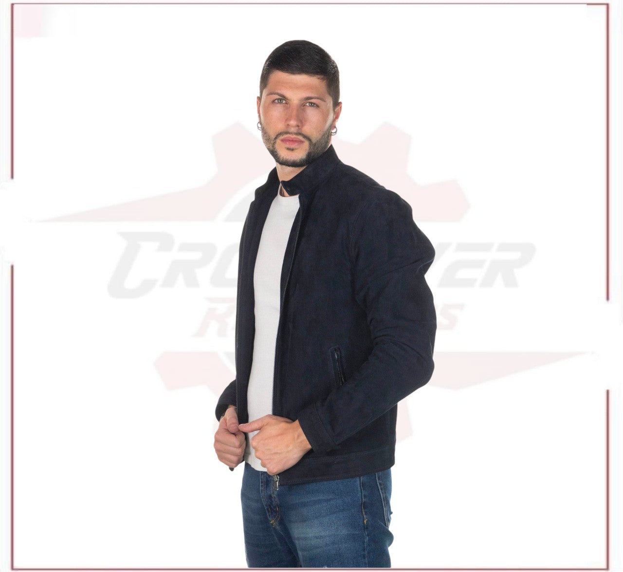 U010 - Men's Jacket in Genuine Blue Suede Leather CROSSOVER RACEWEARS