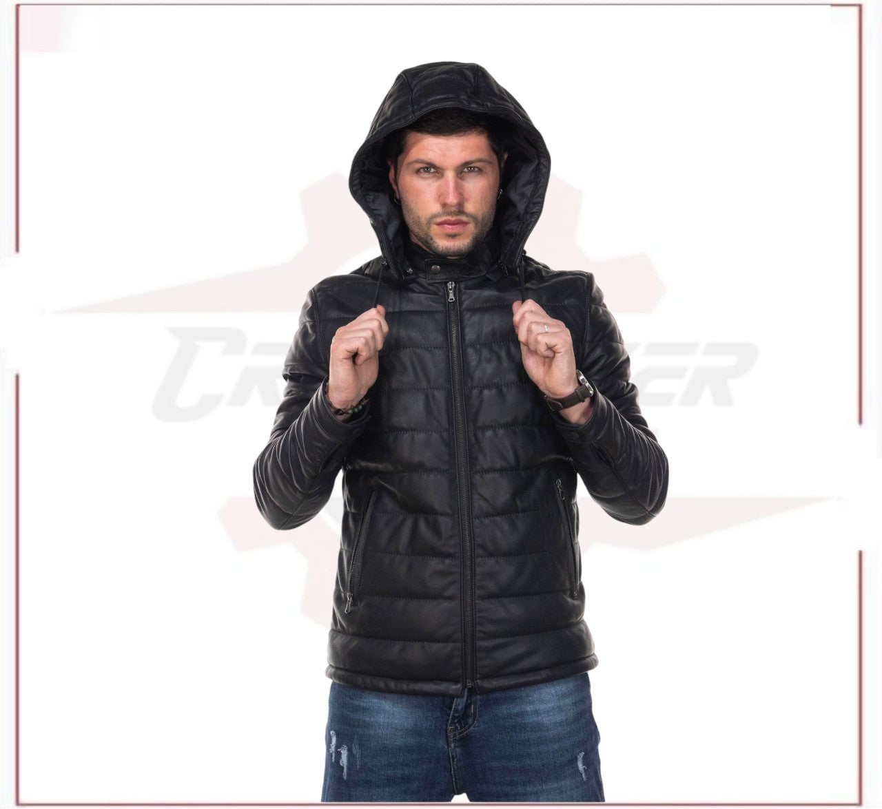 Berlino - Men's Down Jacket in Genuine Black Leather CROSSOVER RACEWEARS