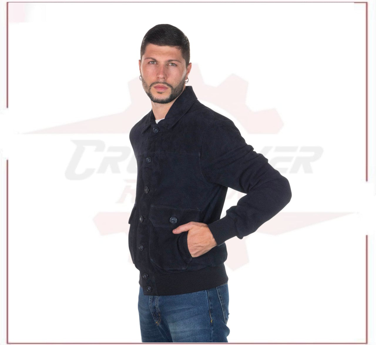 U03 - Men's Bomber Jacket in Genuine Blue Suede Leather CROSSOVER RACEWEARS