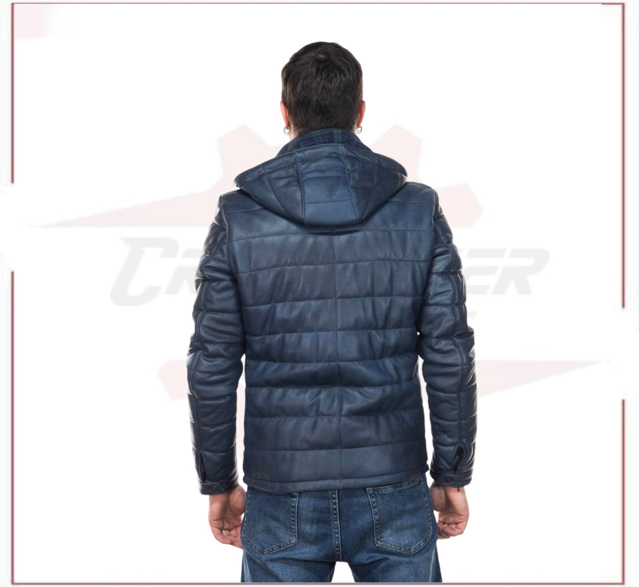 Berlino - Men's Down Jacket in Genuine Blue Leather CROSSOVER RACEWEARS