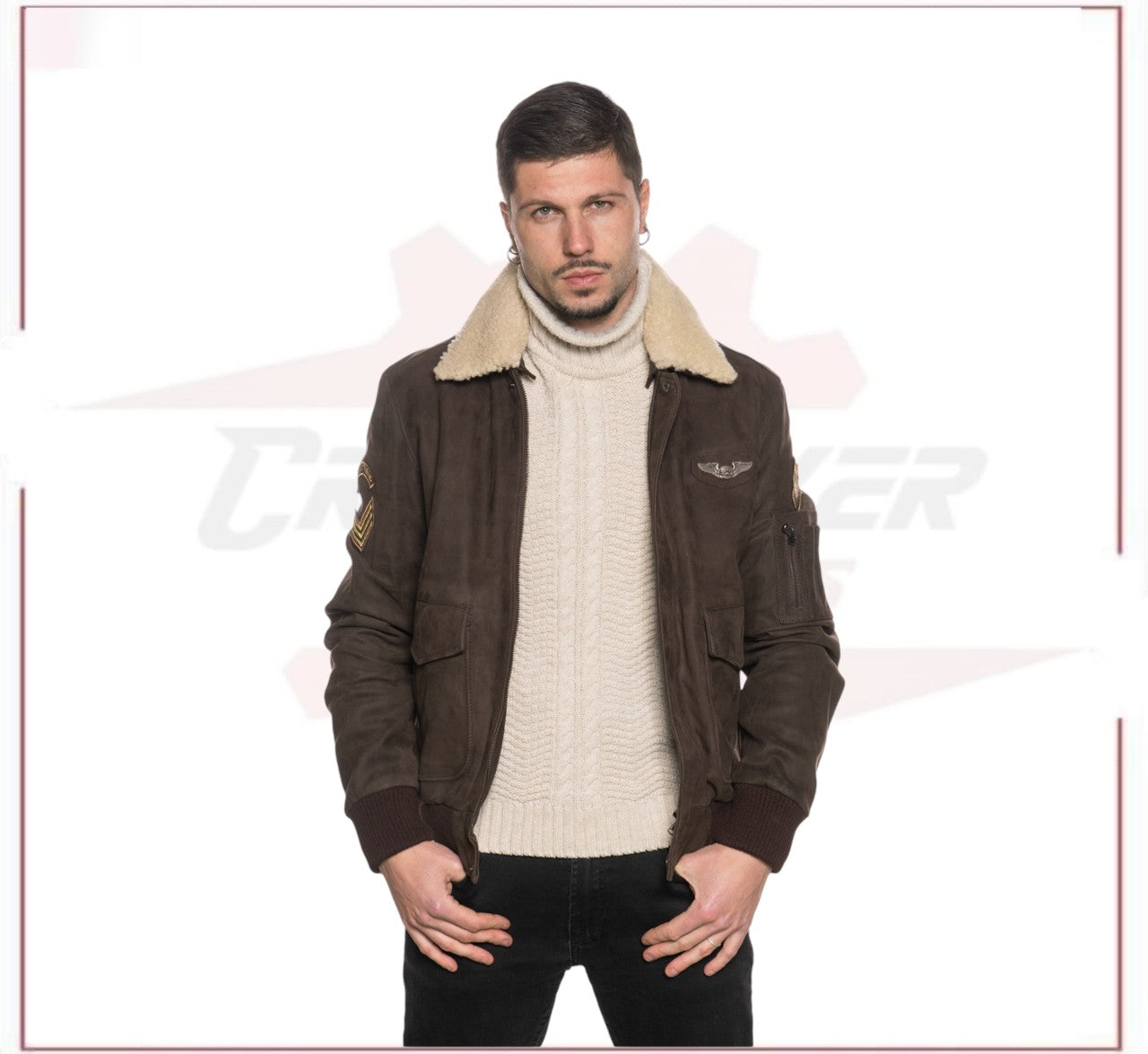 Men's Bomber Jacket in Genuine Dark Brown Nabuk Leather with Shearling Collar CROSSOVER RACEWEARS