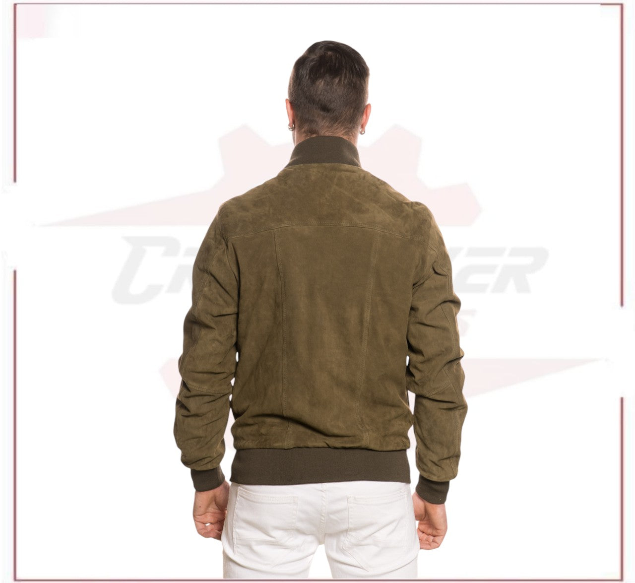 David - Men's Bomber Jacket in Genuine Light Green Suede Leather CROSSOVER RACEWEARS