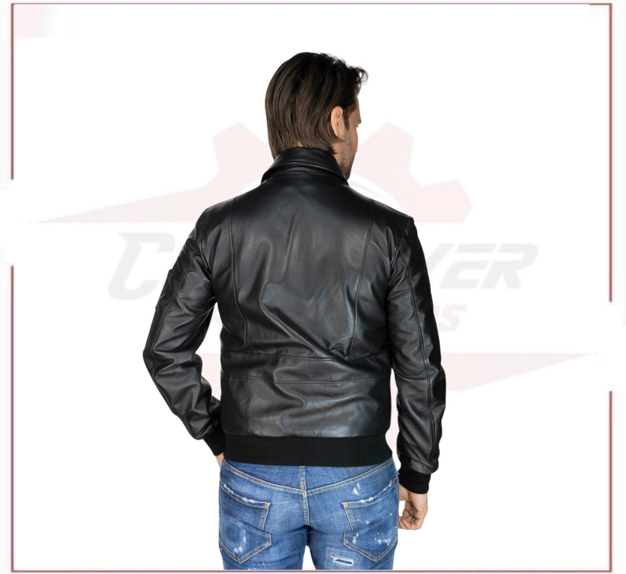 Men's Bomber Jacket in Genuine Black Leather CROSSOVER RACEWEARS
