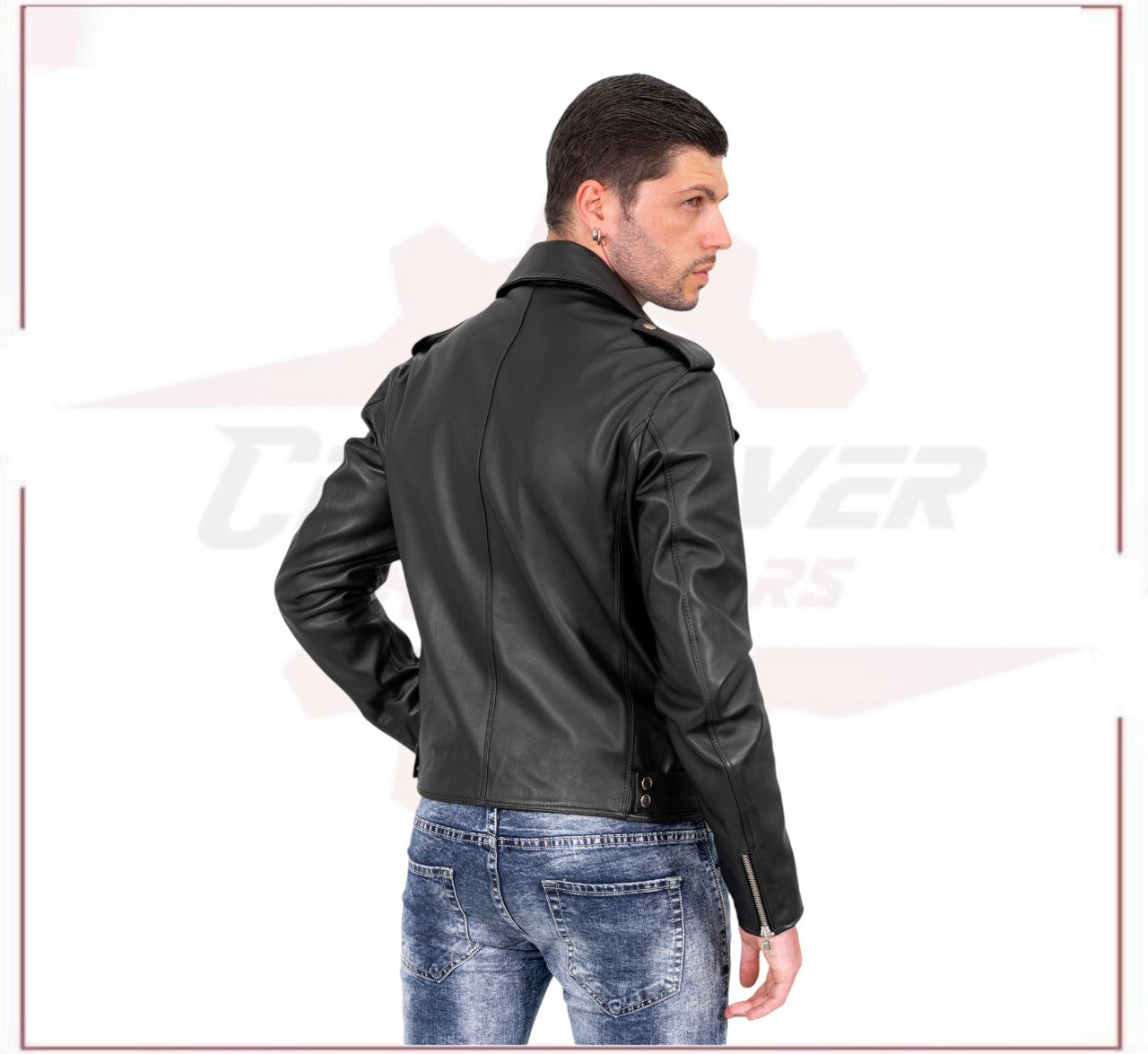 Men's jacket in Genuine Black Leather and Silver Zippers CROSSOVER RACEWEARS