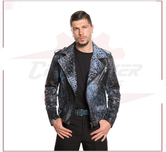Vasco - Men's Studded Jacket in Genuine Blue Leather CROSSOVER RACEWEARS