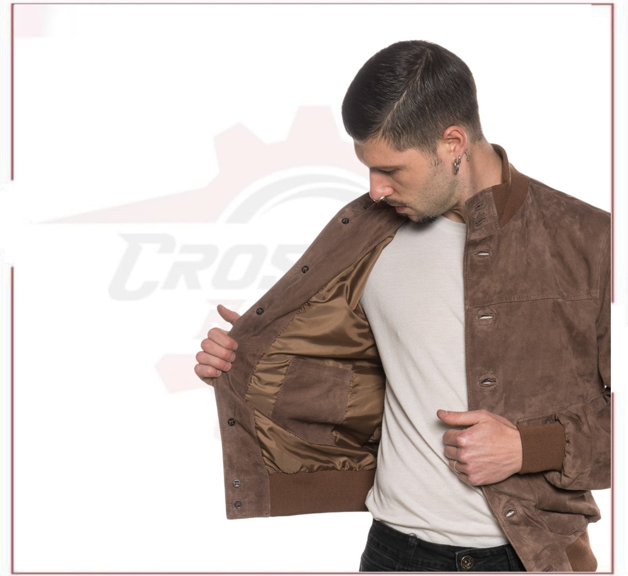 U03 Bis - Men's Bomber Jacket in Genuine Brown Suede Leather CROSSOVER RACEWEARS
