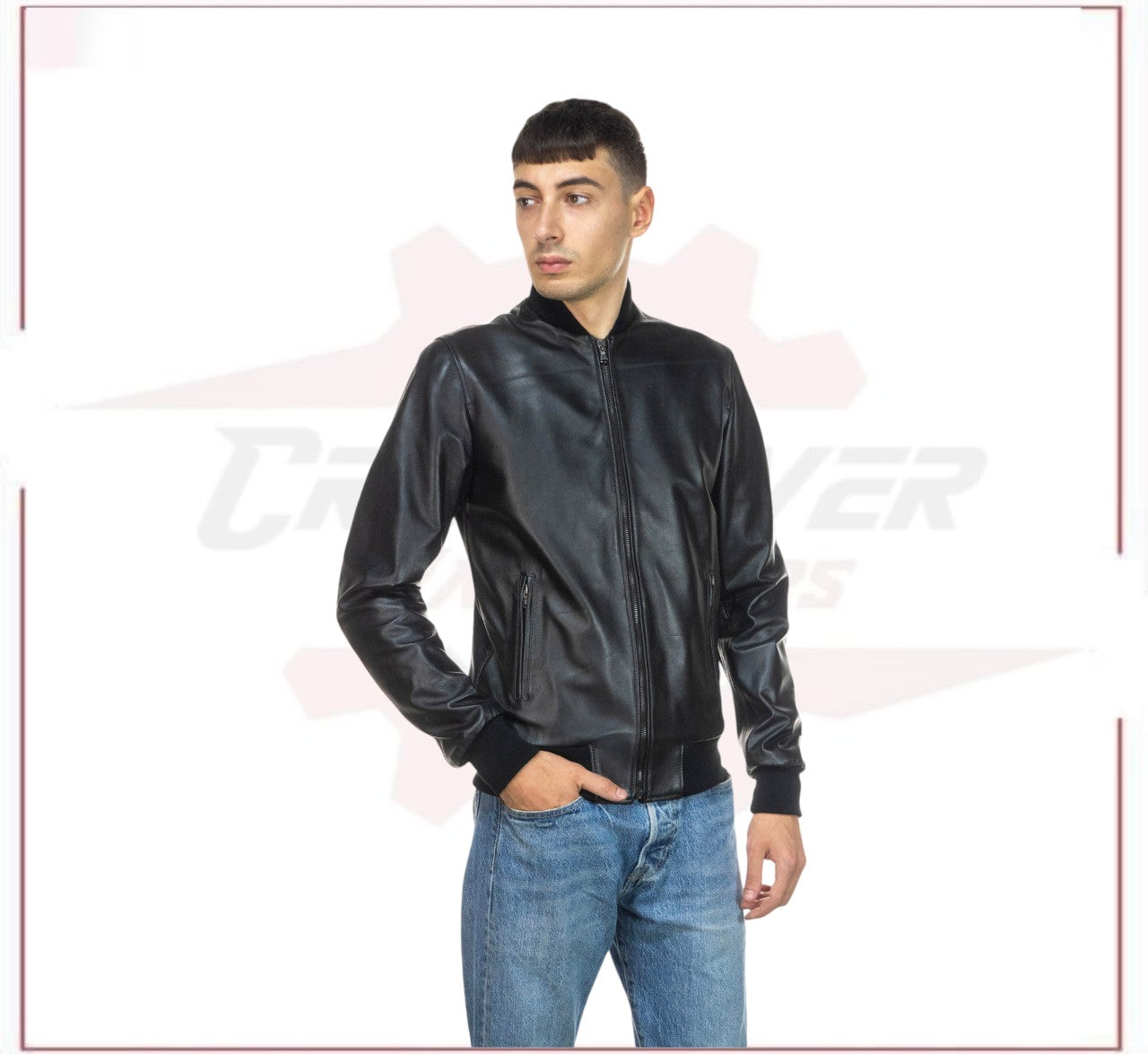 Men's Bomber Jacket in Genuine Black Leather CROSSOVER RACEWEARS