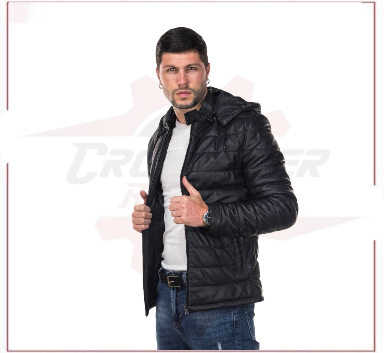 Berlino - Men's Down Jacket in Genuine Black Leather CROSSOVER RACEWEARS