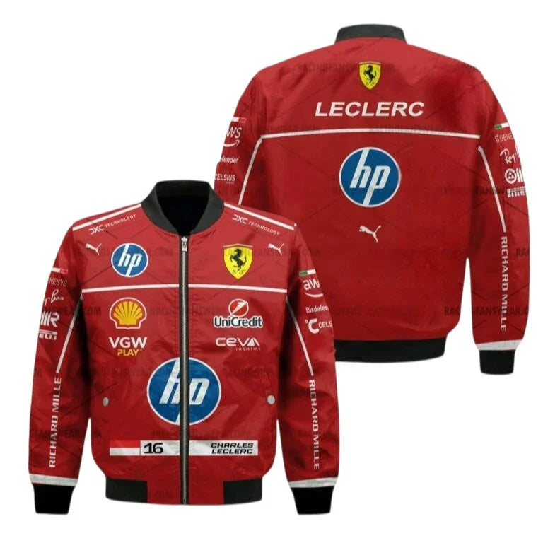 Red racing jacket with various logos on a white background