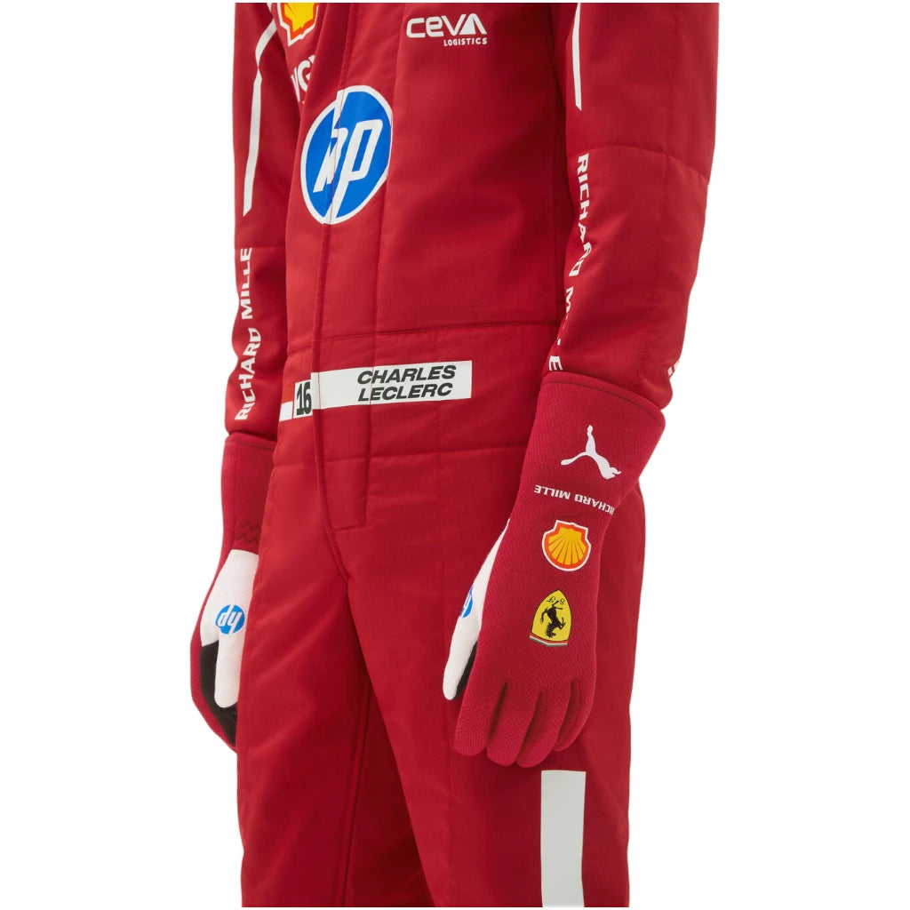 Red racing suit with various logos on a white background