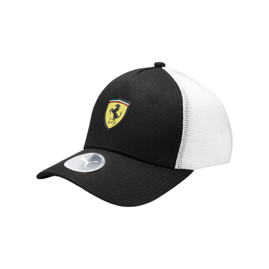 Black and white cap with Ferrari logo on a white background