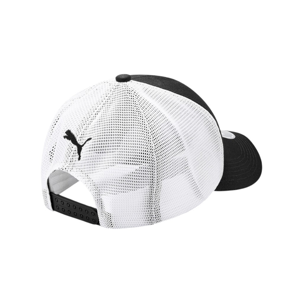 White and black cap with Puma logo on a white background