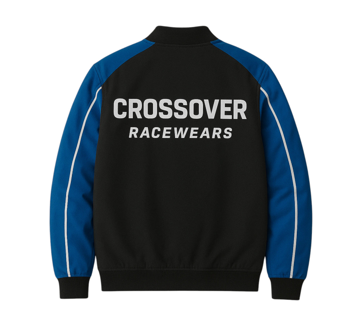 Black jacket with blue accents and 'Crossover Racewears' logo on a white background