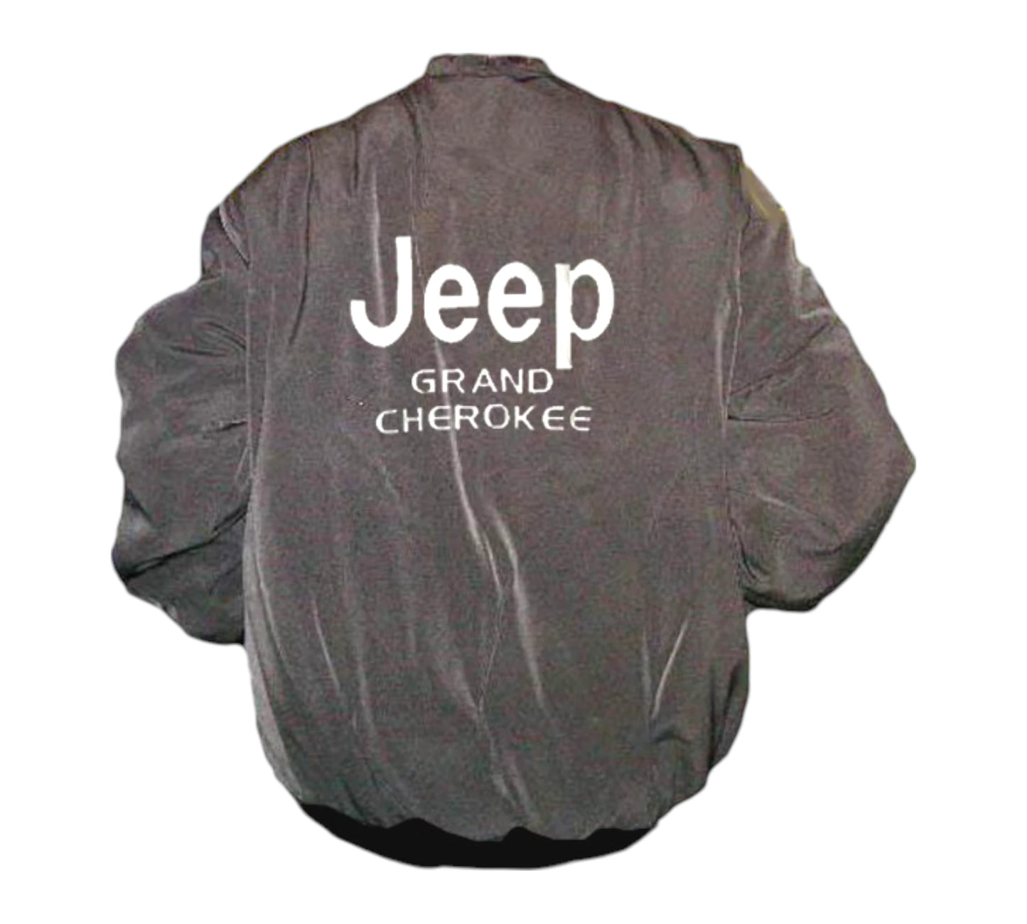 Gray jacket with 'Jeep Grand Cherokee' text on the back against a white background
