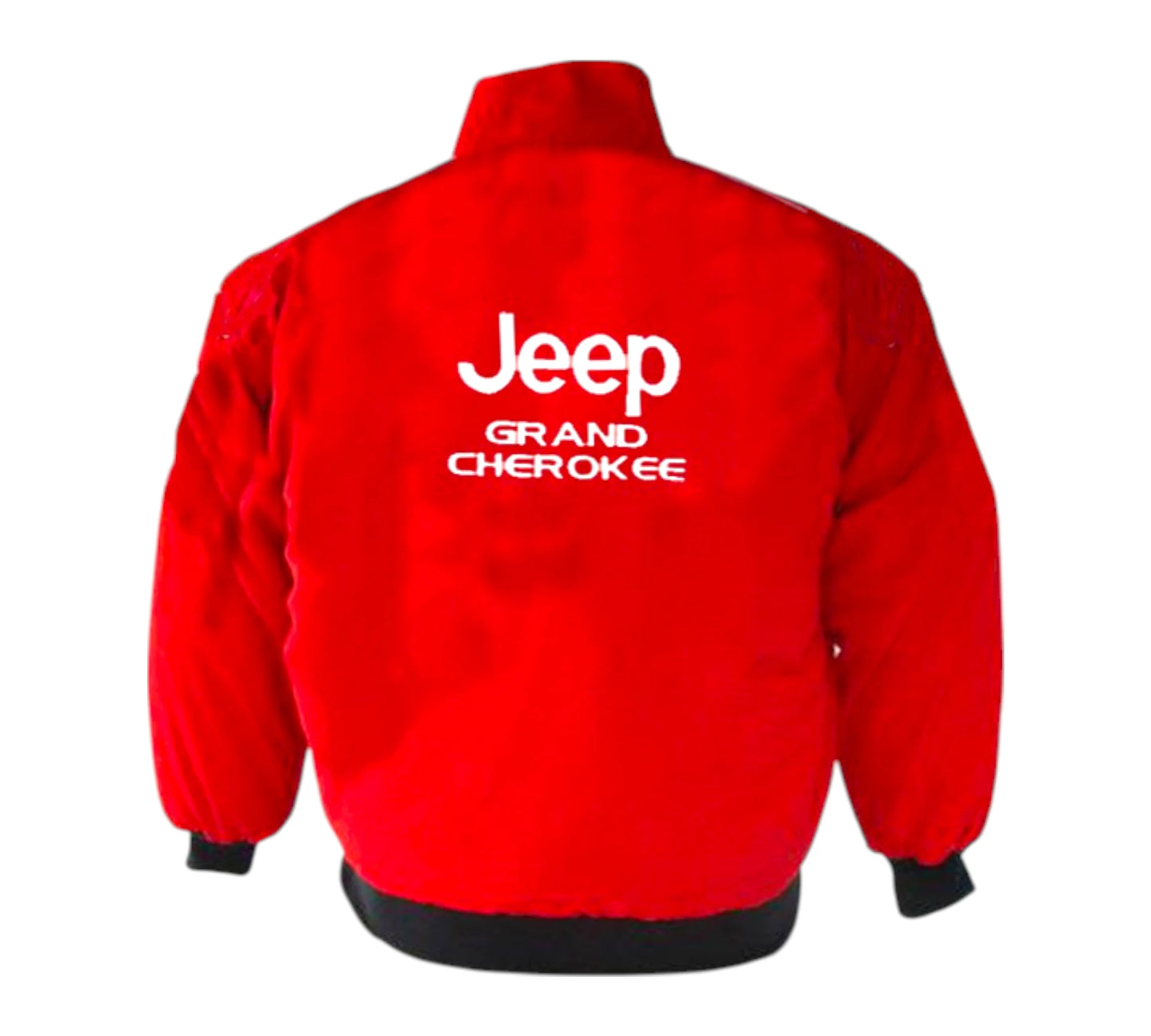 Red jacket with 'Jeep Grand Cherokee' text on the back against a white background