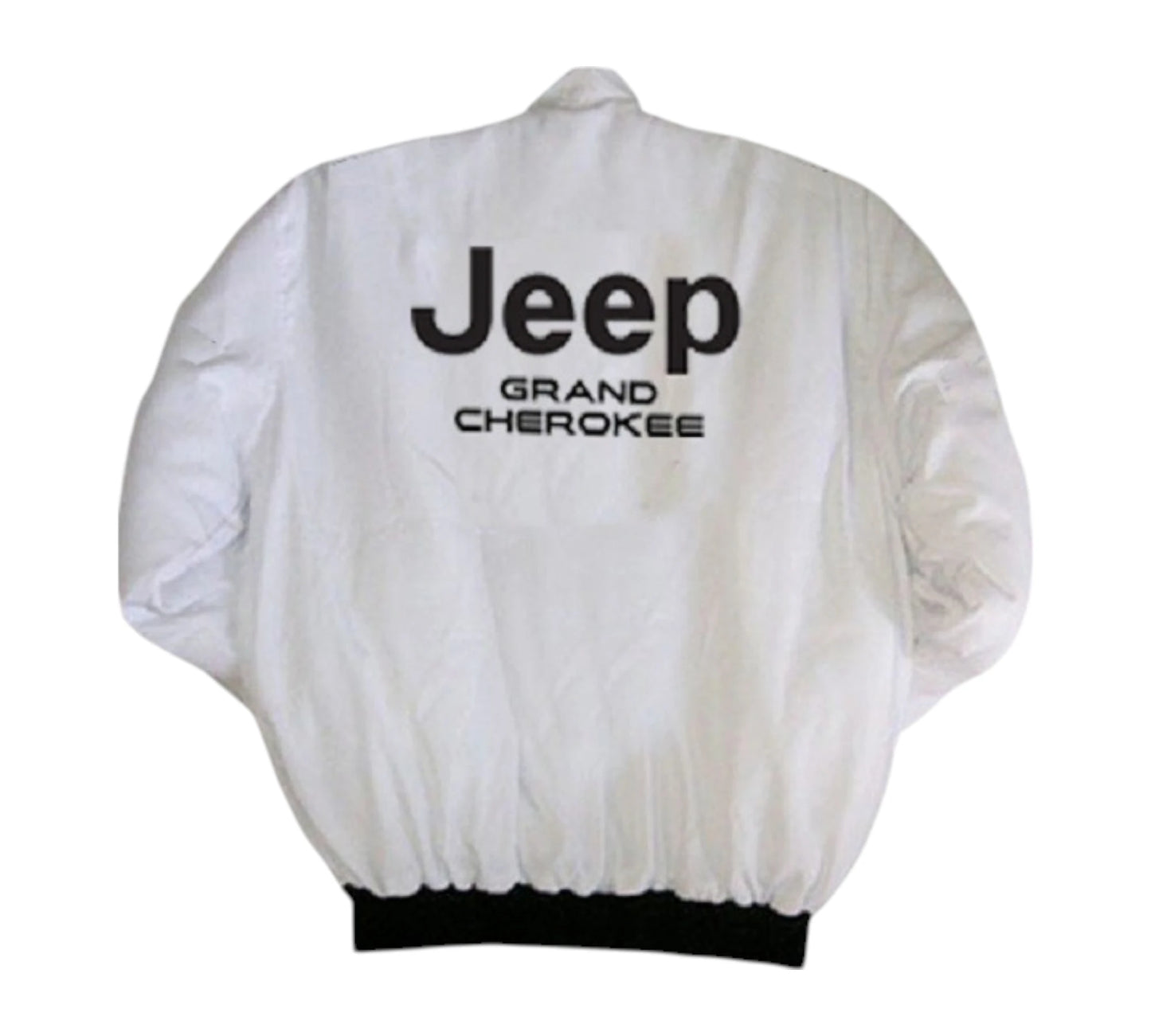 White jacket with 'Jeep Grand Cherokee' text on a white background