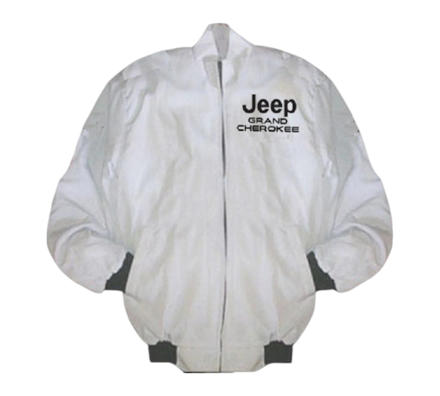 White jacket with 'Jeep Grand Cherokee' text on a white background