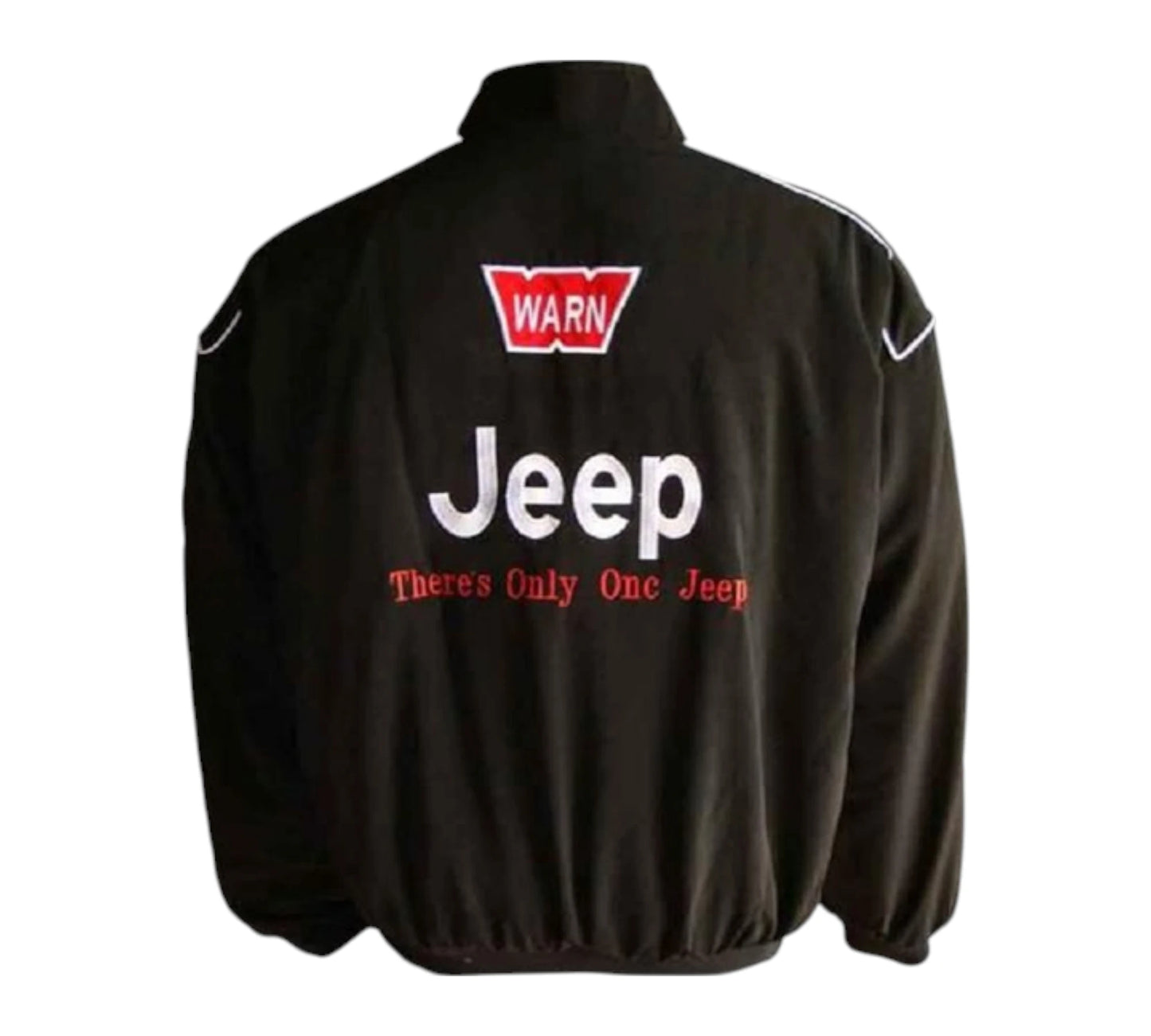Black jacket with Jeep and Warn logos on a white background