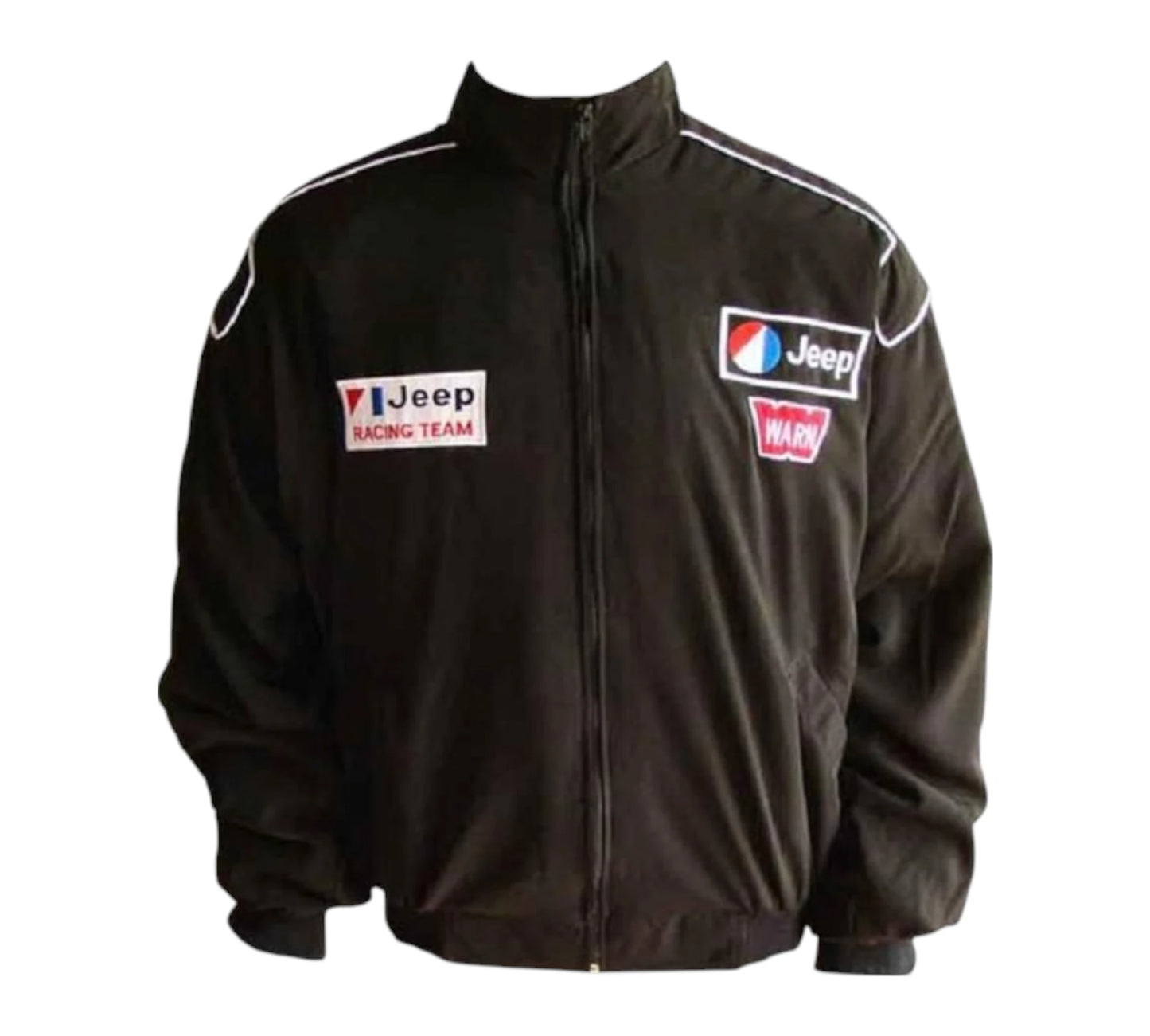 Black jacket with Jeep Racing Team logos on a white background