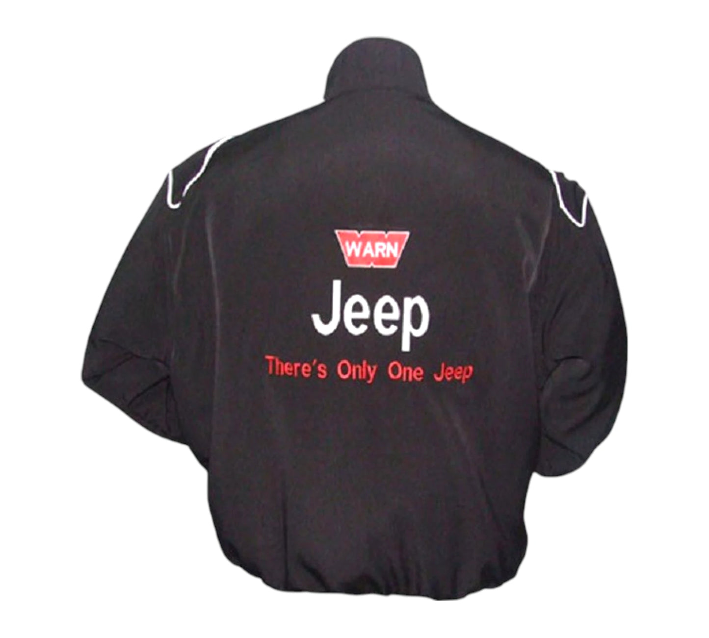 Black jacket with Jeep logo and text on a white background