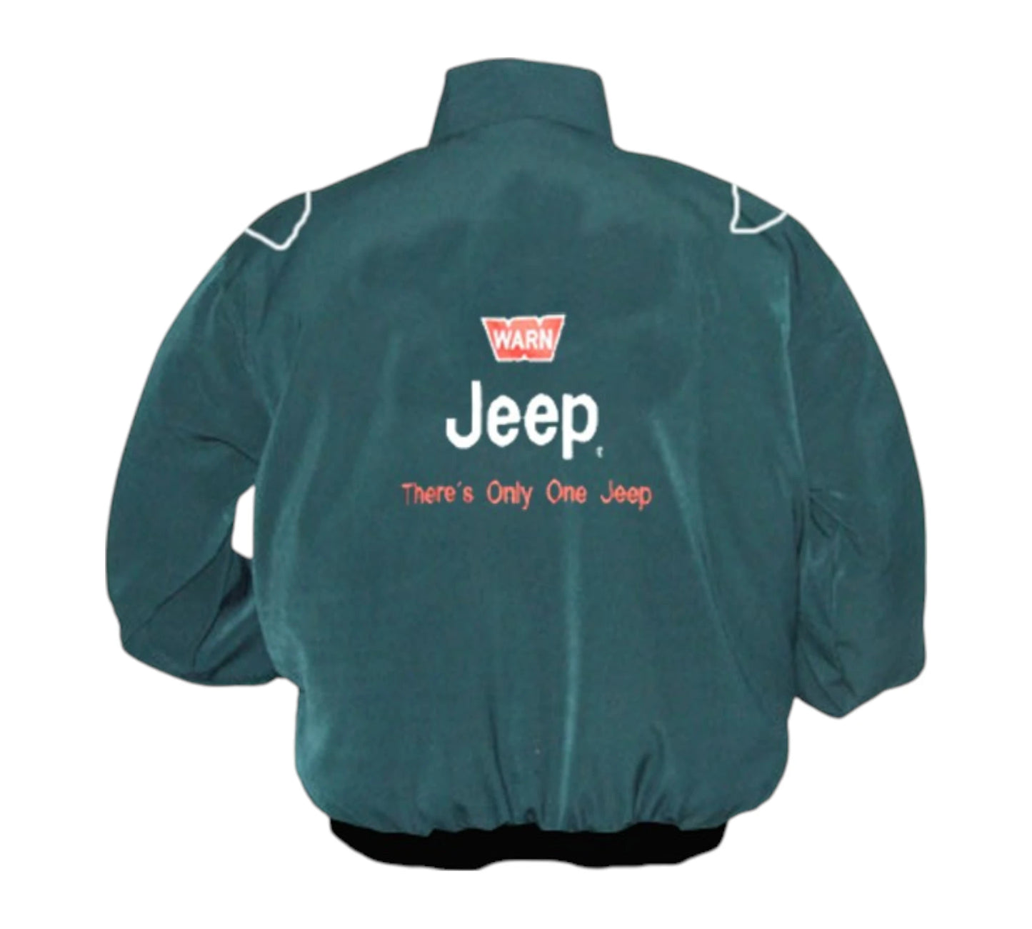 Green jacket with Jeep logo and text on a white background