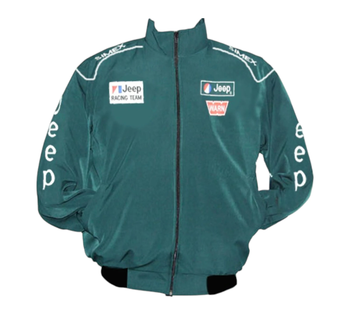 Teal jacket with Jeep branding on a white background