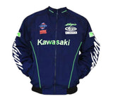 Blue Kawasaki jacket with various brand logos on a white background