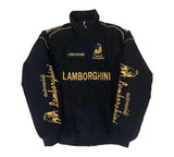 Black Lamborghini jacket with gold logos and text on a white background