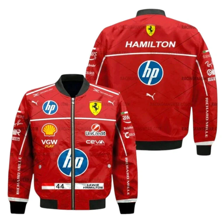Red racing jacket with various logos on a white background