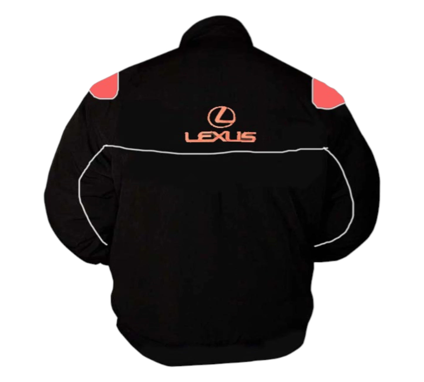 Black jacket with Lexus logo on the back against a white background