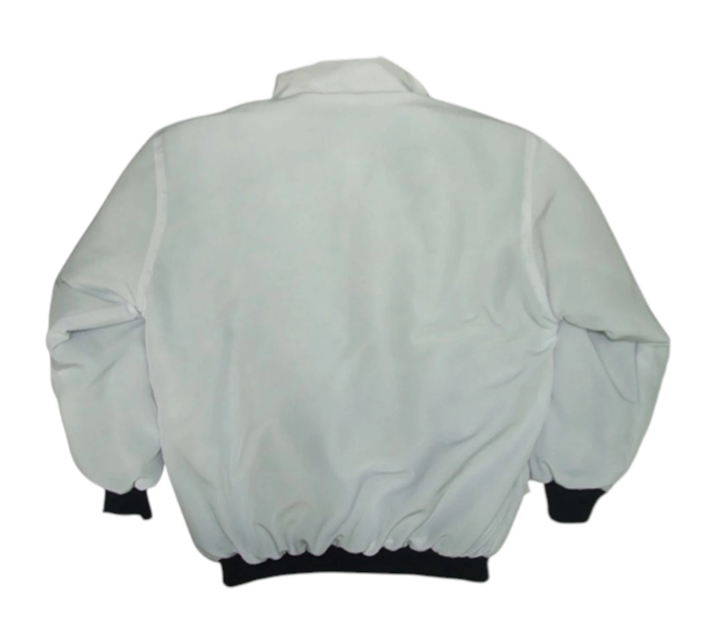 Light gray jacket with black cuffs and hem on a white background