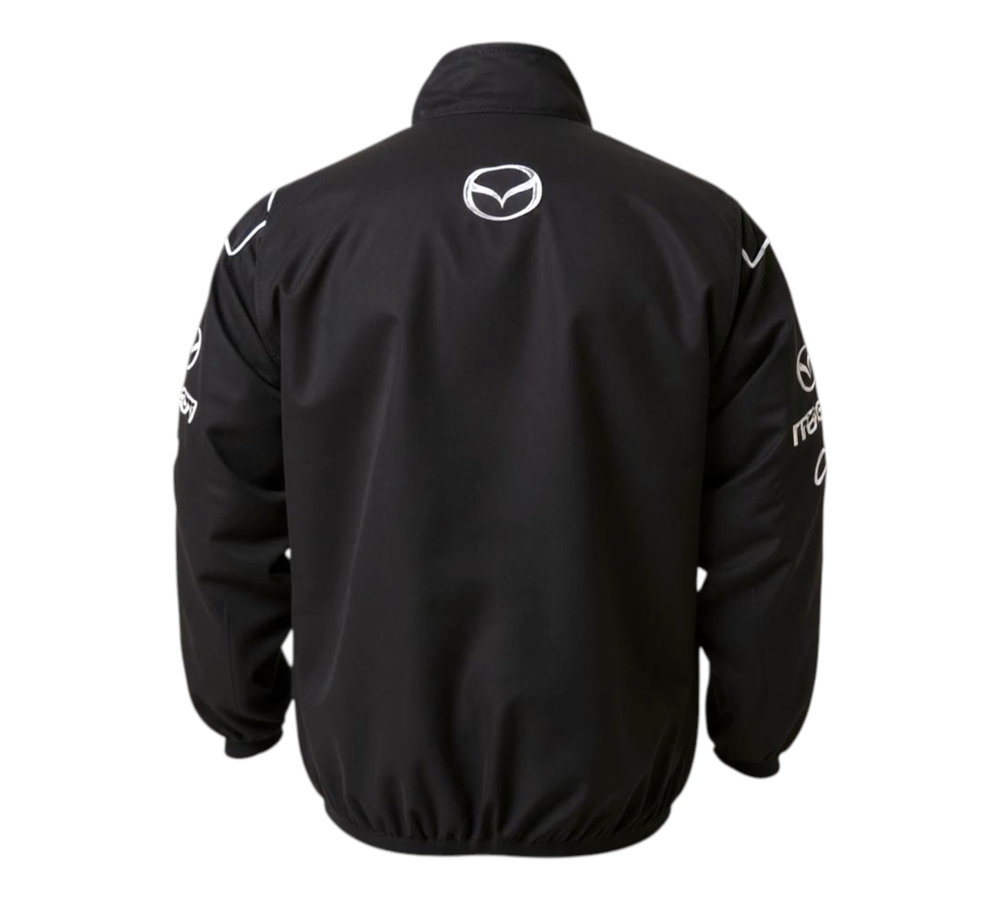 Black jacket with Mazda logo on the back against a white background