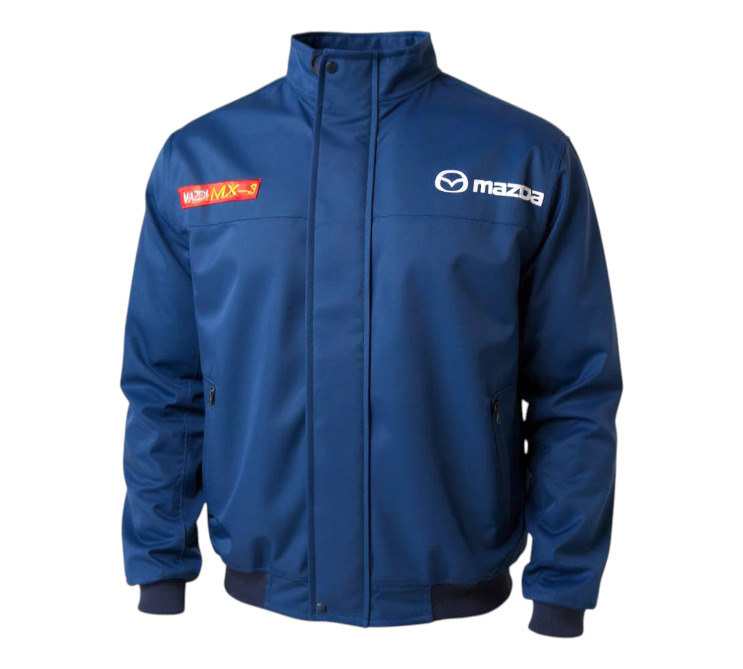 Blue jacket with Mazda logo on a white background