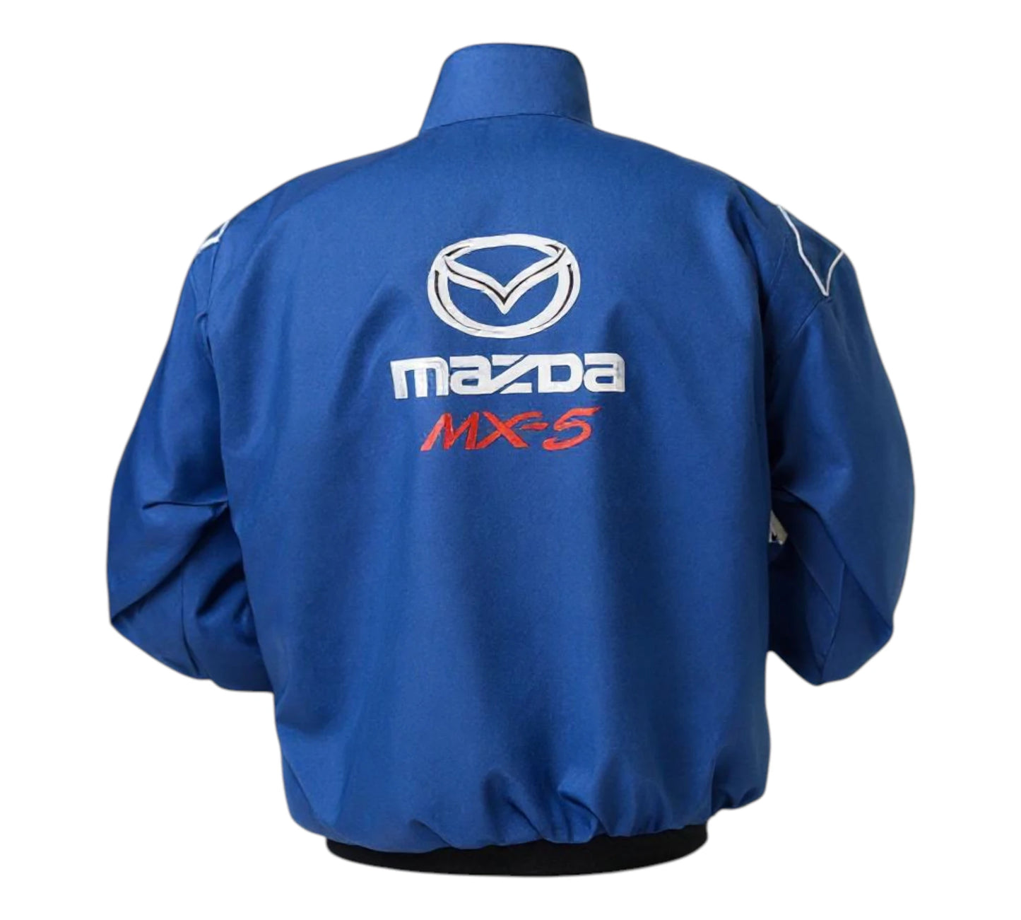 Blue jacket with Mazda logo on the back against a white background
