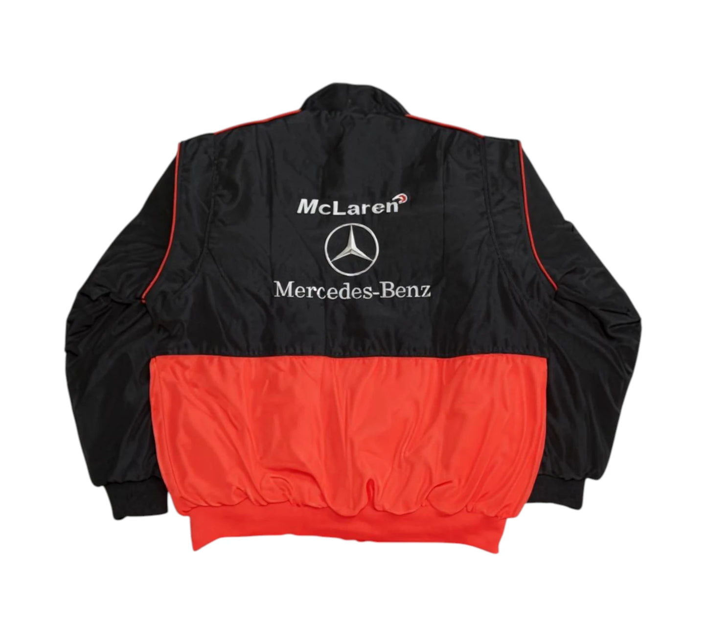 Black and red jacket with McLaren and Mercedes-Benz logos on a white background