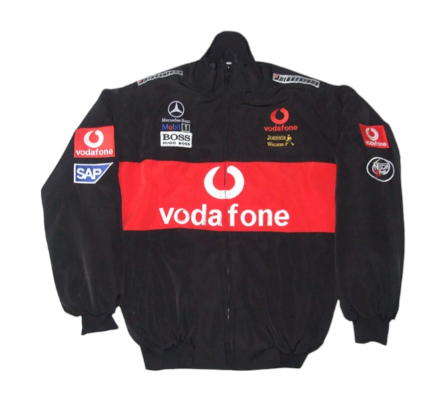 Black racing jacket with Vodafone and other sponsor logos on a white background