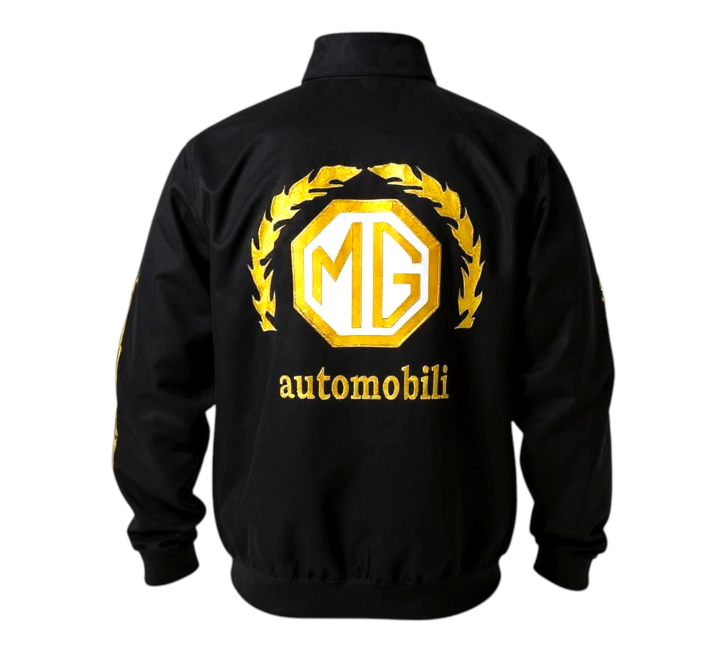 Black jacket with yellow MG Automobili logo on a white background