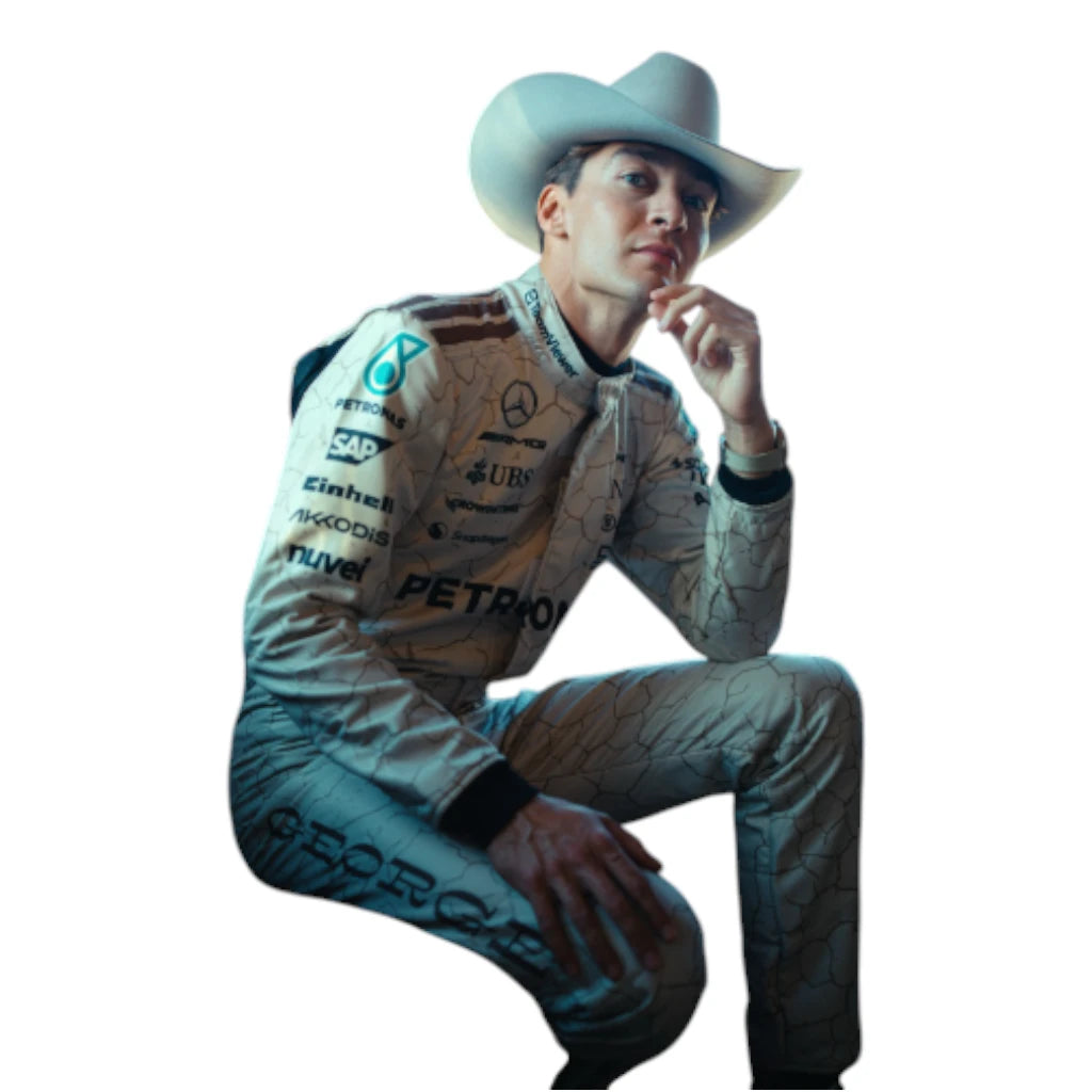 Person wearing a racing suit with sponsor logos and a cowboy hat on a white background