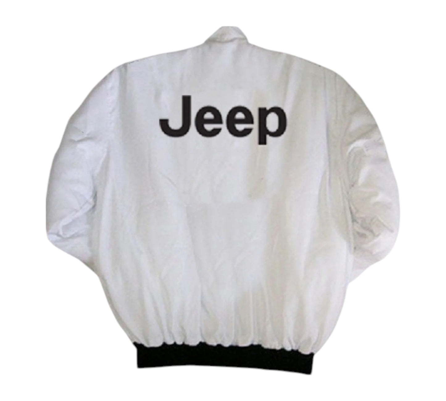 White jacket with 'Jeep' logo on a white background