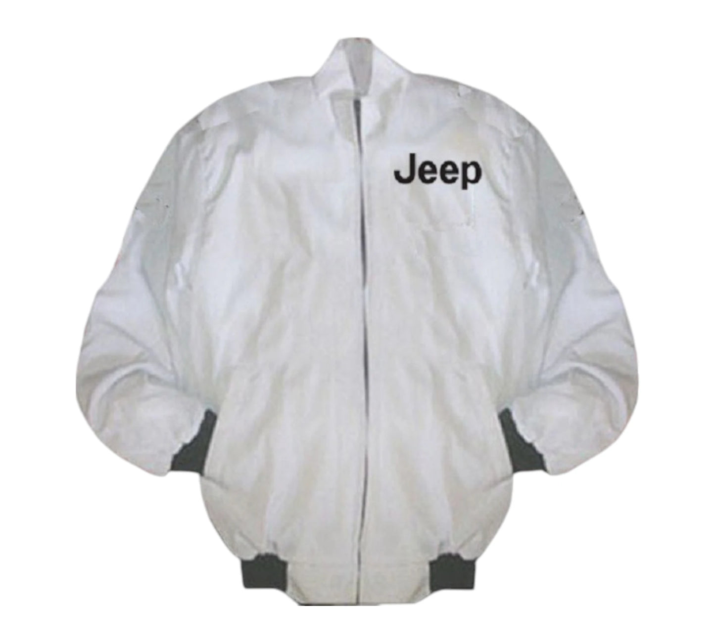 White jacket with 'Jeep' logo on a white background