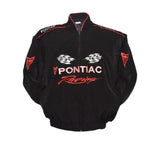Black Pontiac Racing jacket with red and white accents on a white background