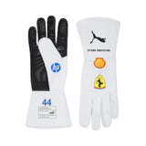Pair of white racing gloves with sponsor logos on a white background