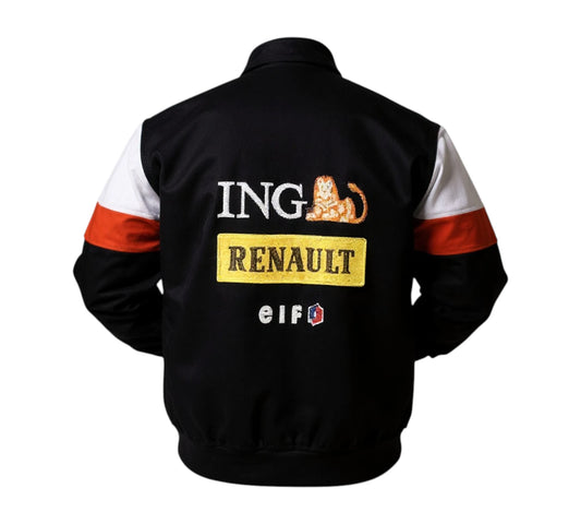 Blue and black jacket with Renault, EIF, and Hanjin logos on a white background