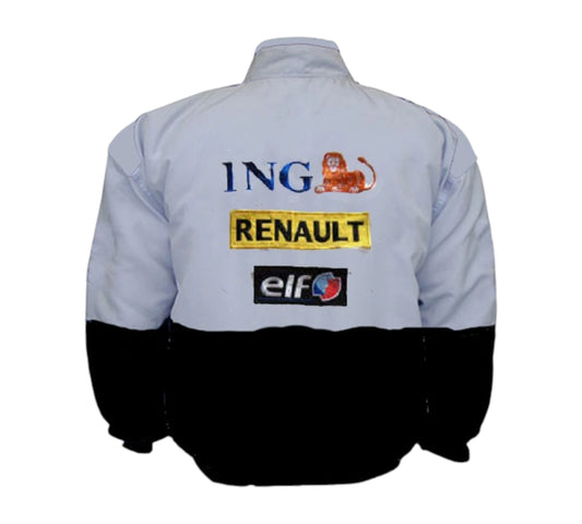 White racing jacket with ING, Renault, and Elf logos on a white background