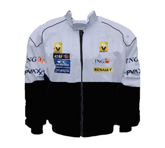 Light blue racing jacket with various logos on a white background