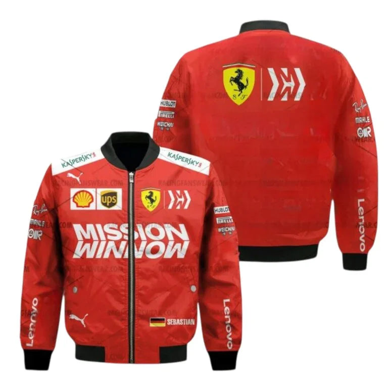 Red racing jacket with various logos on a white background