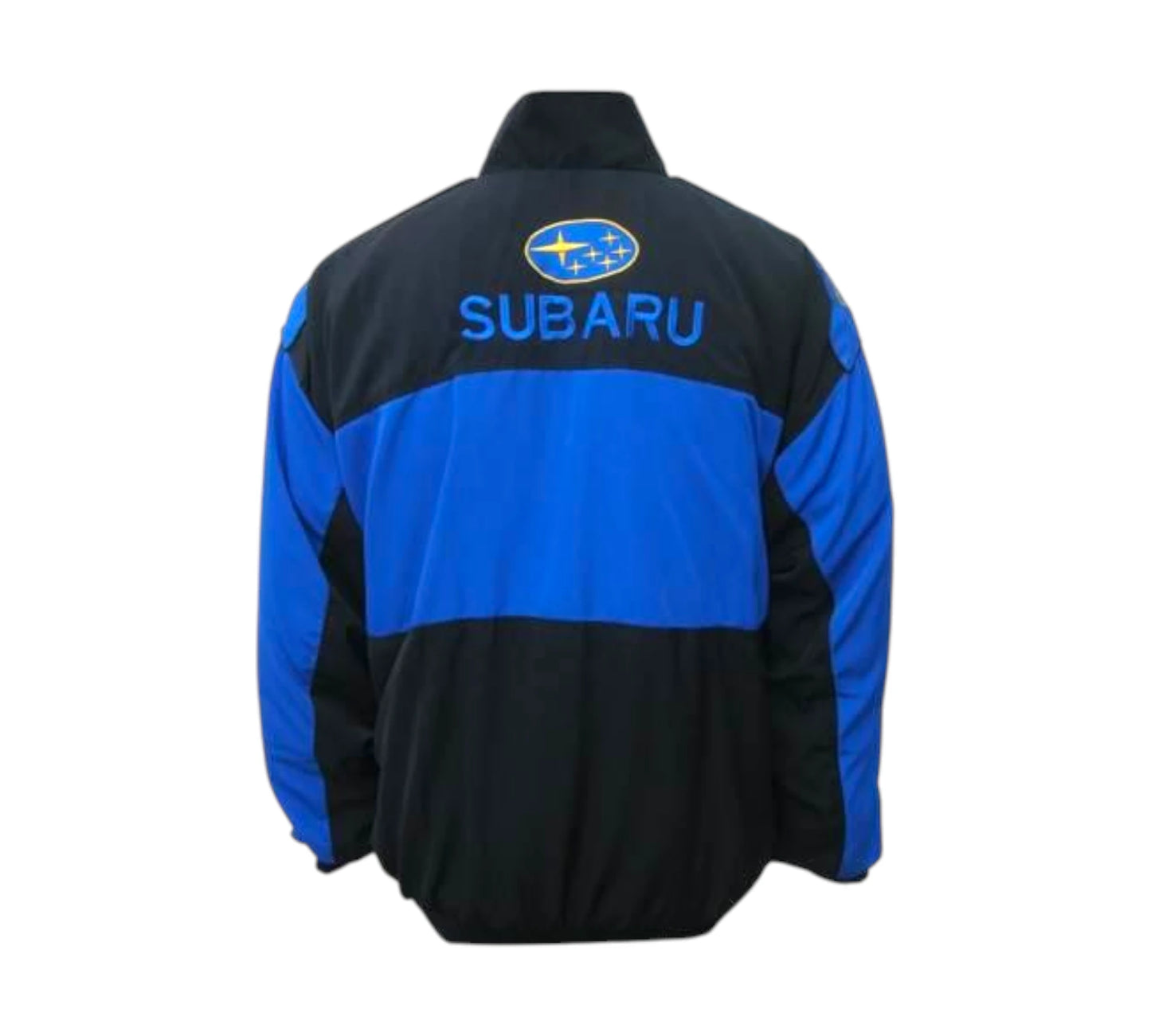 Black and blue jacket with Subaru logo on a white background